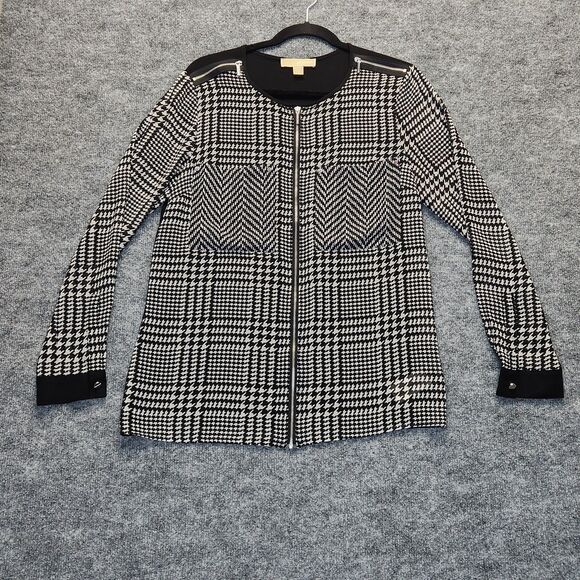 Michael Kors Sheer Chiffon Shirt Women Medium Houndstooth Full Zip Pockets Logo - Picture 1 of 7